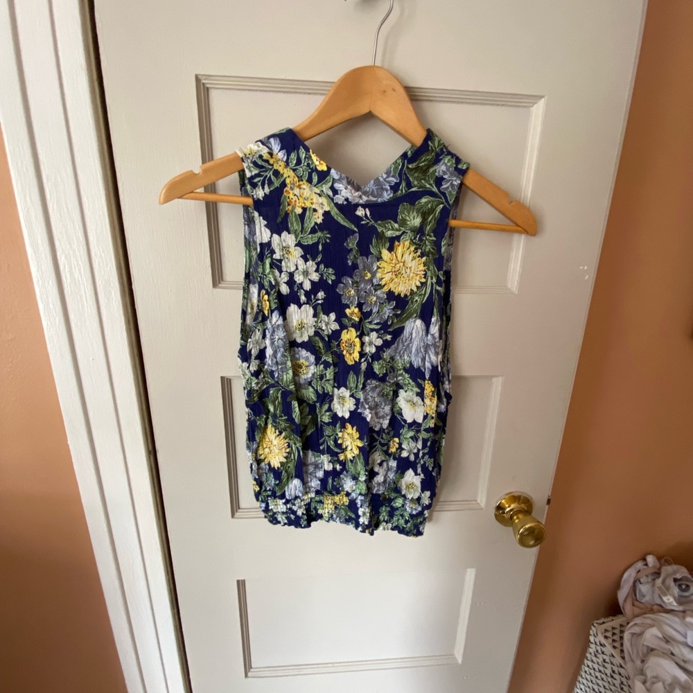 RACHEL Rachel Roy Navy Floral Mock Neck Tank Top